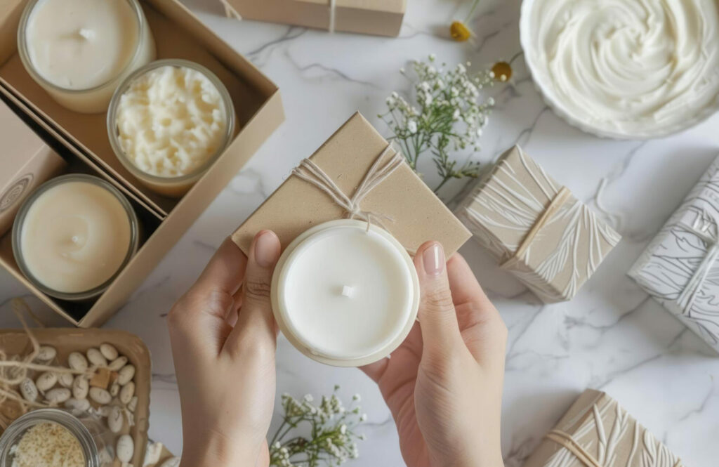 Velas aromáticas.Persona empacando velas aromáticas personalizadas en cajas de cartón.