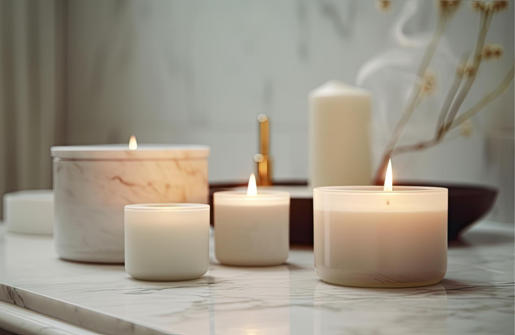 Crea tu propia vela. Varias velas aromáticas sobre una superficie de mármol.